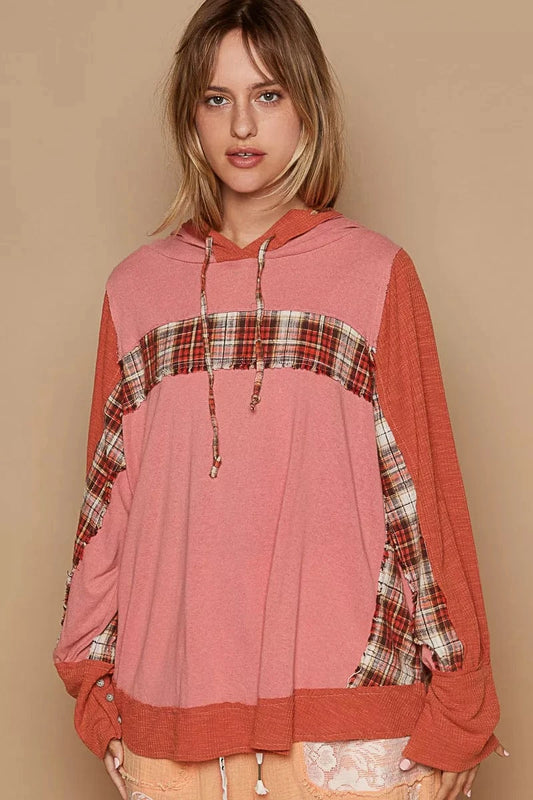 POL Oversized Drawstring Long Sleeve Hoodie with Plaid Detail BLUSH BRICK - Fashorio