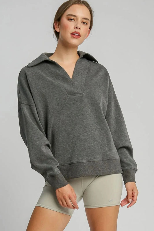 Umgee Johnny Collar Dropped Shoulder Sweatshirt Charcoal - Fashorio