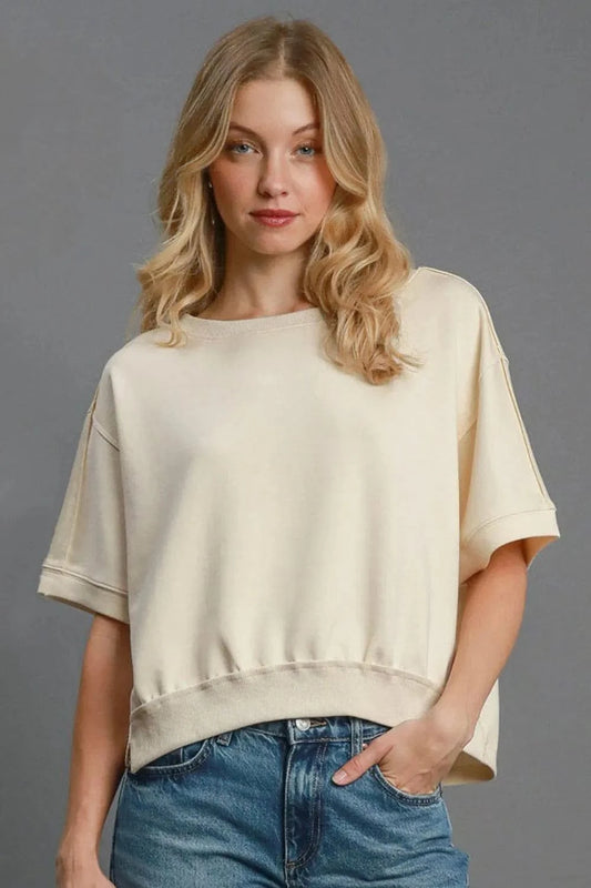 Umgee Full Size Lightweight Cropped Sweatshirt Plus Size ECRU - Fashorio