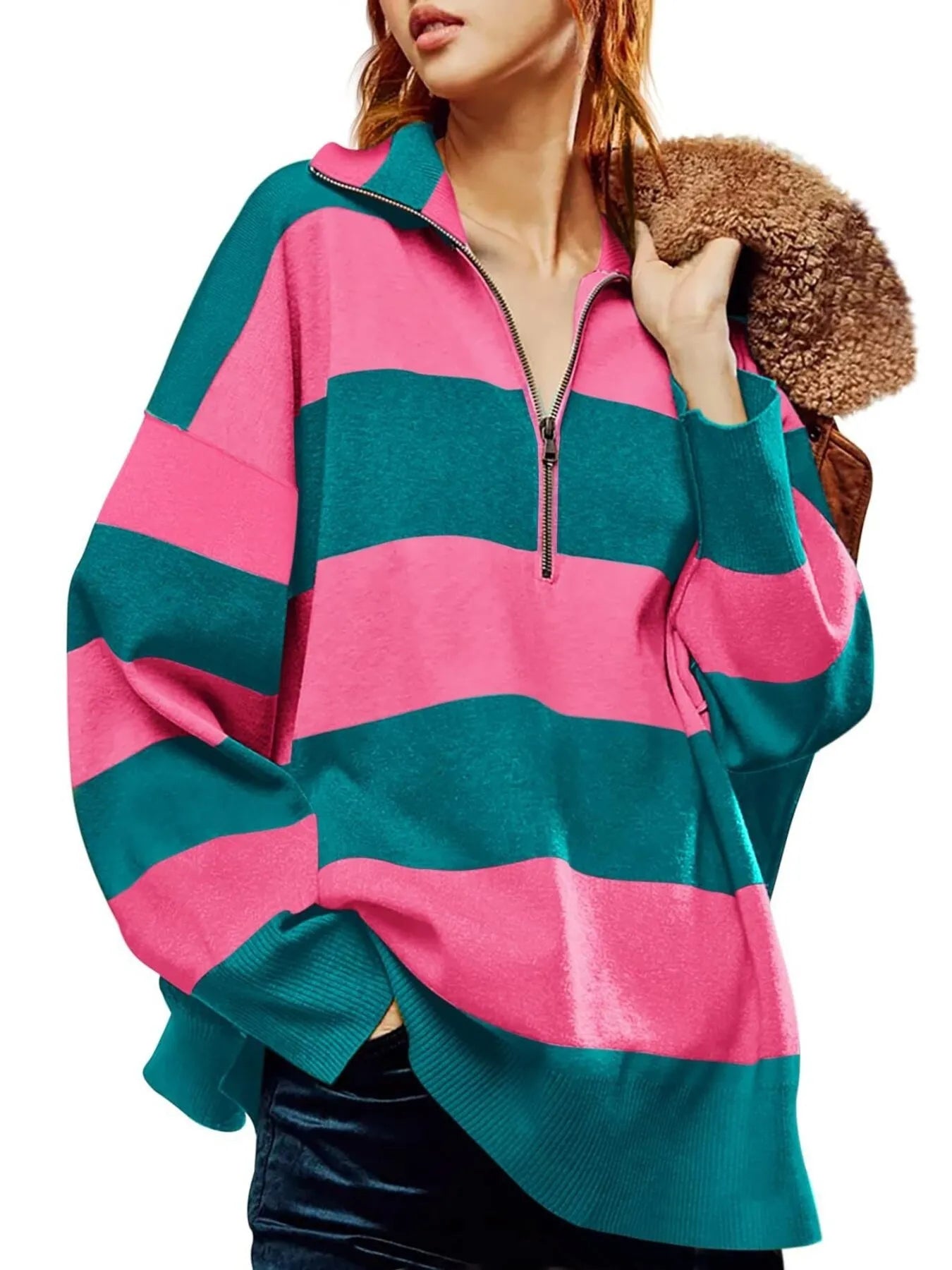 Fashorio Sweatshirts & Hoodies Rose Red / S Striped Half-Zip Oversized Sweatshirt