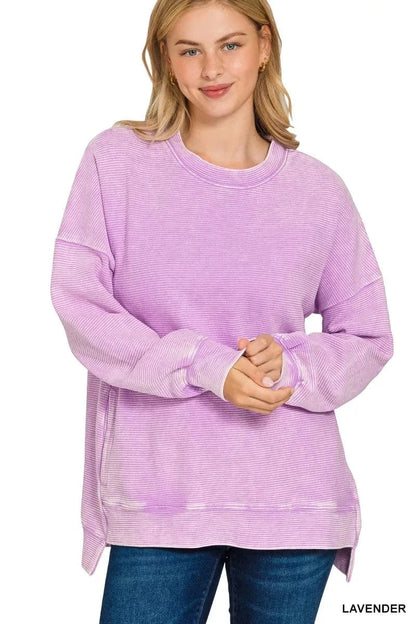 Zenana Acid Washed Double Ribbed Hi-low Sweatshirt LAVENDER - Fashorio