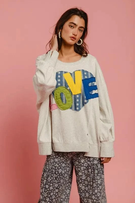 BiBi LOVE Heart Patch Slit French Terry Sweatshirt Light Gray - Fashorio