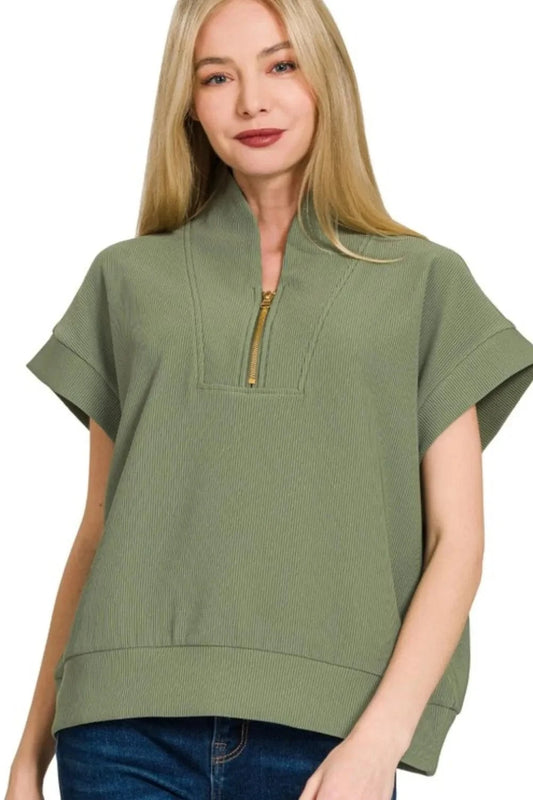 Zenana Ribbed High Neck Half Zip Top LT OLIVE - Fashorio