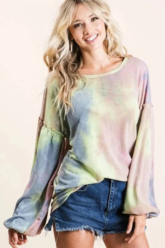 BiBi Tie Dye French Terry Sweatshirt With Bubble Sleeves MAUVE BLUE LIME - Fashorio