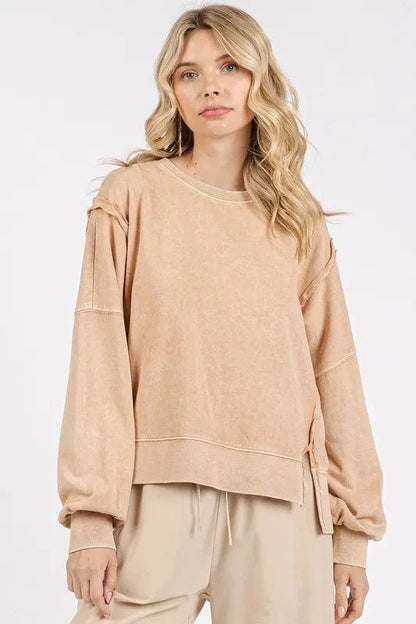 Mittoshop Side Slit Exposed Seam Round Neck Sweatshirt - Fashorio