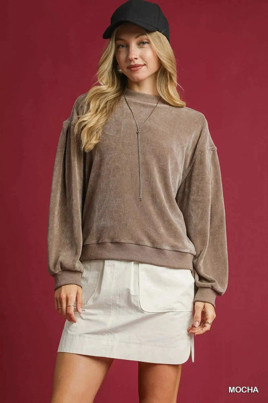 Umgee Velour Crewneck Balloon Sleeve Sweatshirt Mocha - Fashorio