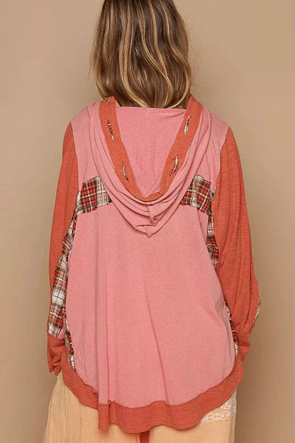POL Oversized Drawstring Long Sleeve Hoodie with Plaid Detail - Fashorio