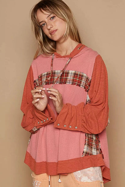 POL Oversized Drawstring Long Sleeve Hoodie with Plaid Detail - Fashorio