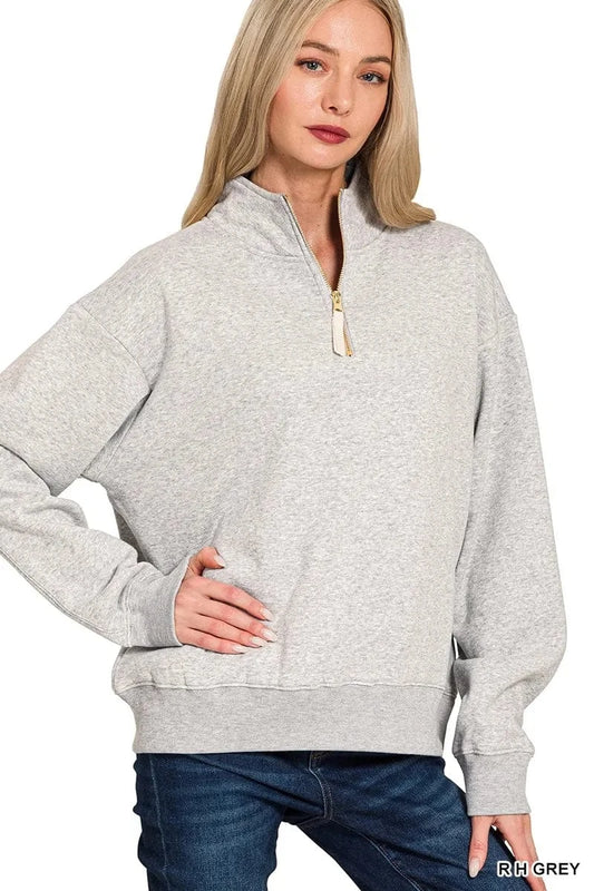 Zenana Fleece Half Zip Sweatshirt R H GREY - Fashorio