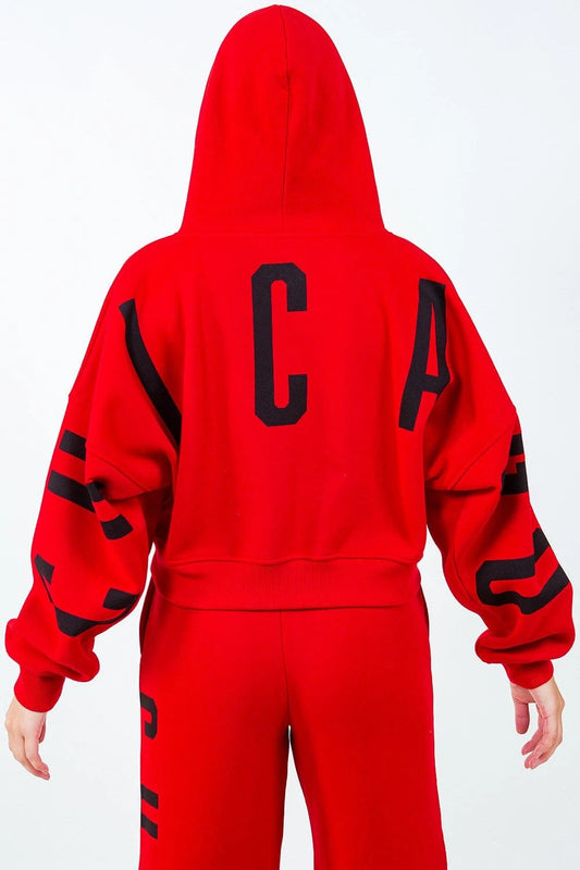American Bazi Letter Graphic Long Sleeve Drawstring Cropped Hoodie Red - Fashorio