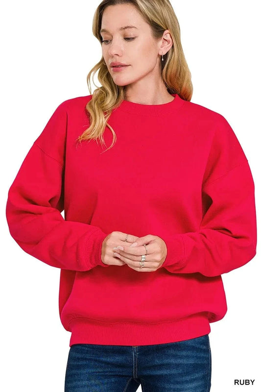 Zenana Fleece Crewneck Long Sleeve Sweatshirt RUBY - Fashorio