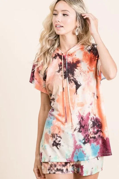 BiBi Tie Dye Terry Hoodie With Drawstring RUST MULTI - Fashorio