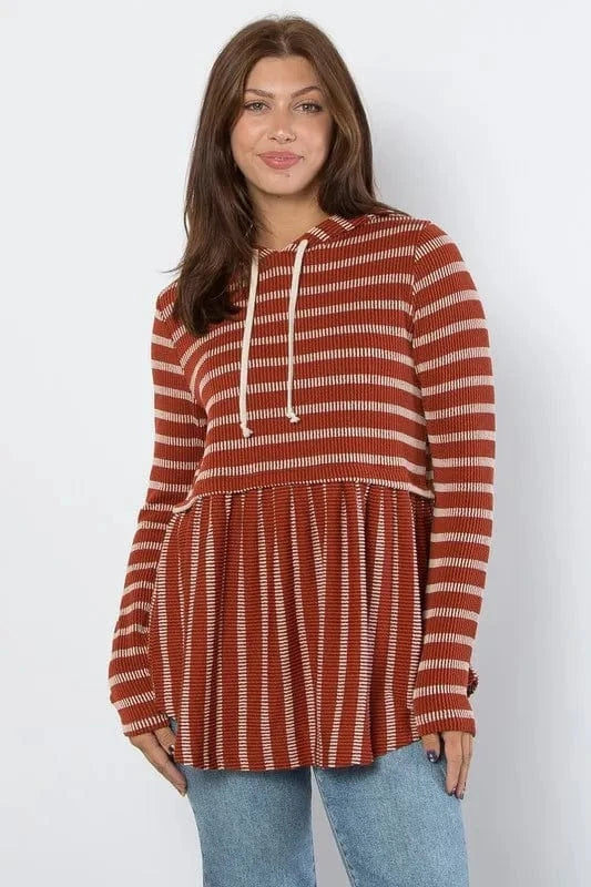 Be Stage Full Size Drawstring Striped Babydoll Hoodie Rust - Fashorio
