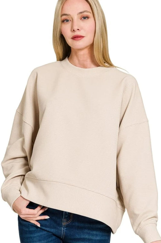 Zenana Ribbed Balloon Sleeve Sweatshirt SAND BEIGE - Fashorio