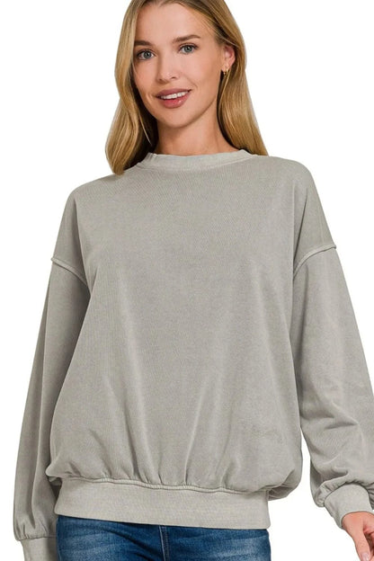 Zenana Soft Fleece Pigment Dye Round-neck Sweatshirts SLEET - Fashorio
