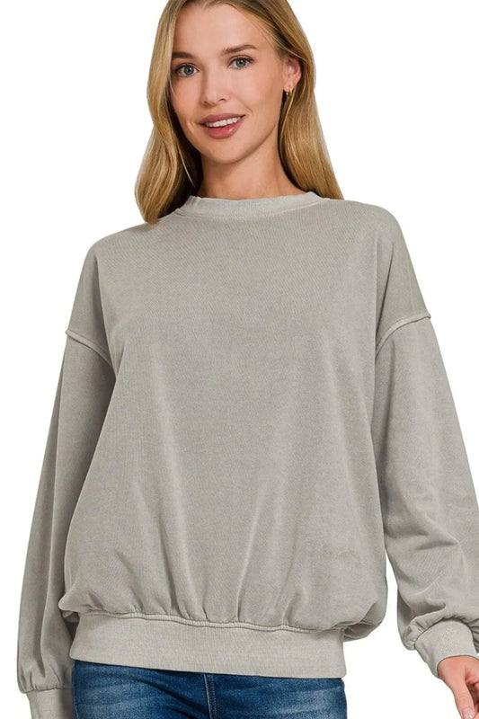 Zenana Soft Fleece Pigment Dye Round-neck Sweatshirts SLEET - Fashorio
