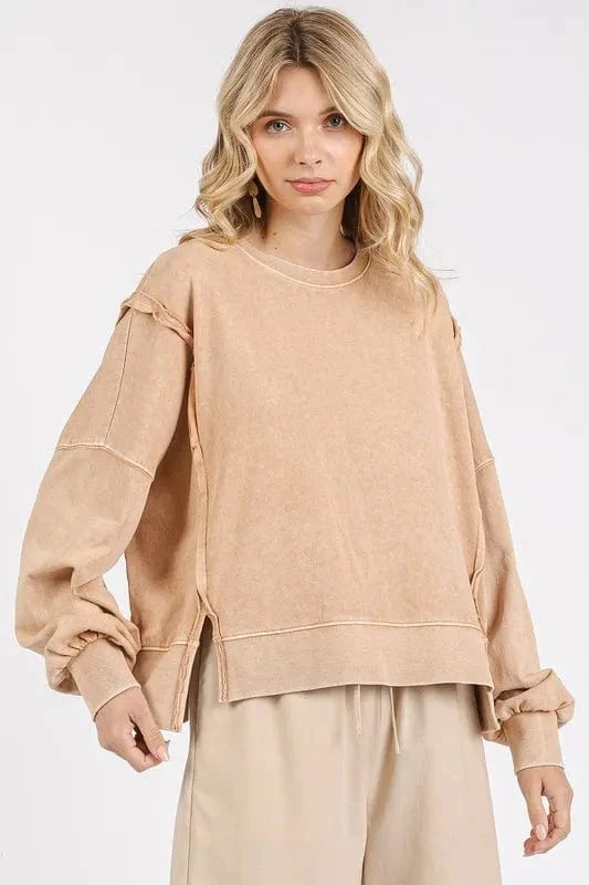 Mittoshop Side Slit Exposed Seam Round Neck Sweatshirt Tan - Fashorio