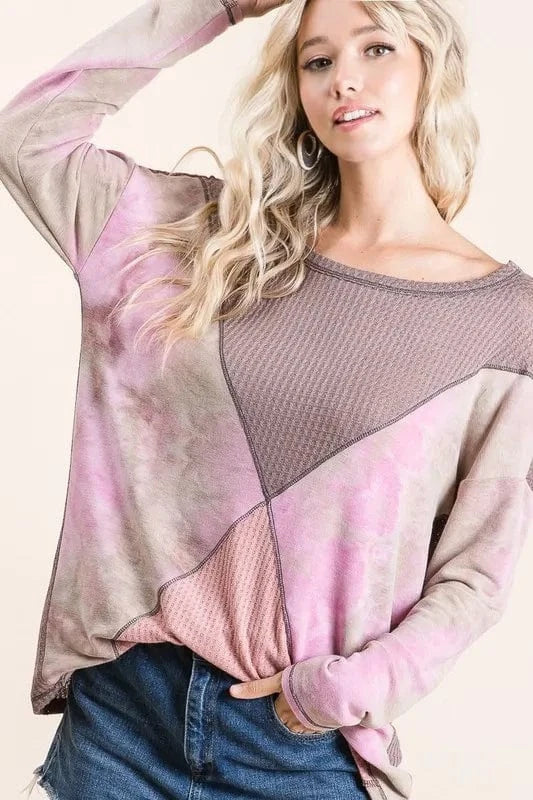 BiBi Thermal Waffle Color Block Top with Tie Dye TAUPE BLUSH - Fashorio