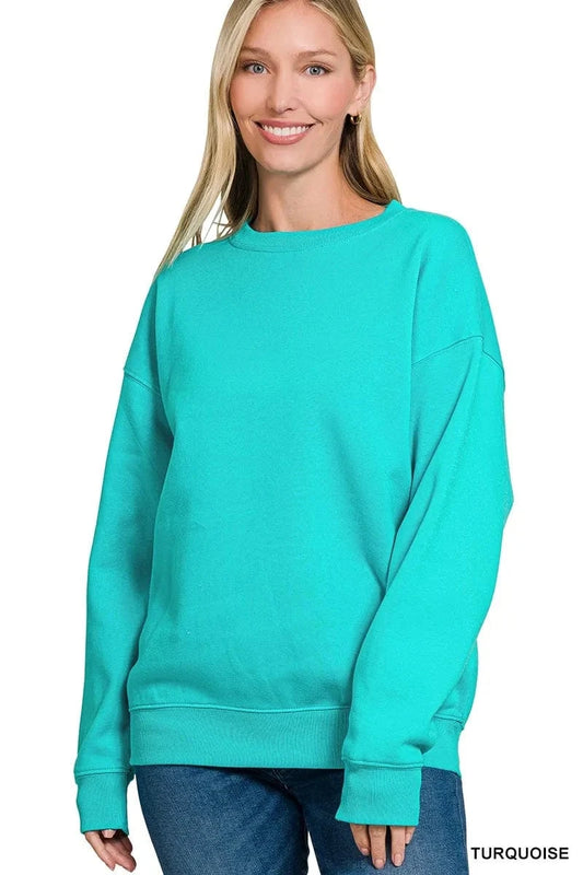 Zenana Fleece Crewneck Long Sleeve Sweatshirt TURQUOISE - Fashorio