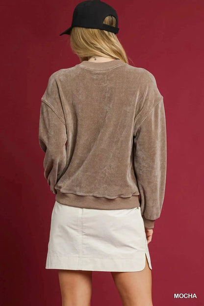 Umgee Velour Crewneck Balloon Sleeve Sweatshirt - Fashorio