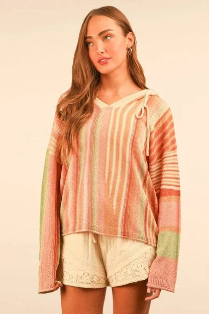 VERY J Multi Color Stripe Long Sleeve Knit Hoodie - Fashorio