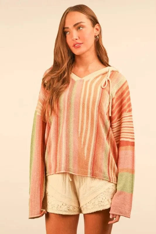 VERY J Multi Color Stripe Long Sleeve Knit Hoodie - Fashorio