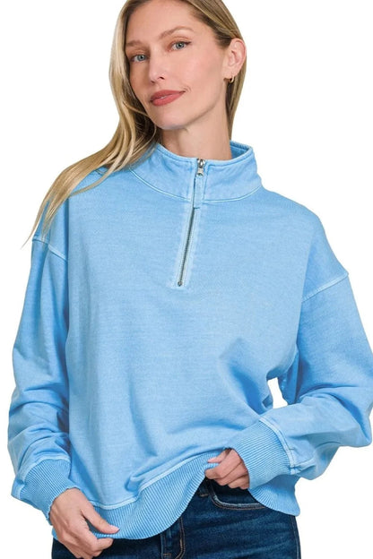 Zenana F/terry Pigment Dye & Enzyme Washing Half Zip Top - Fashorio