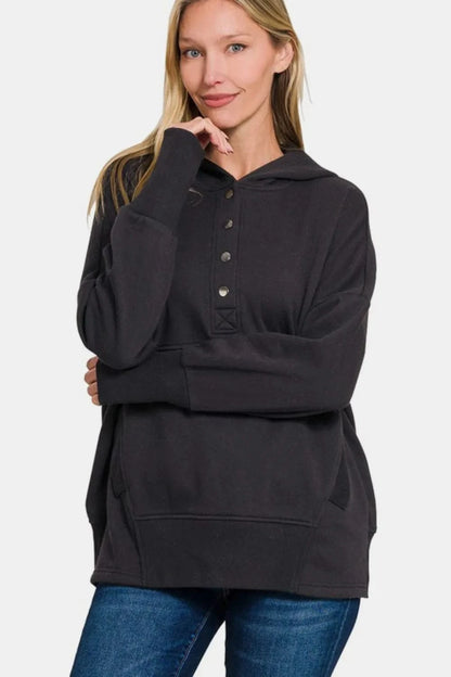 Zenana Half Snap Long Sleeve Hoodie with Kangaroo Pocket - Fashorio