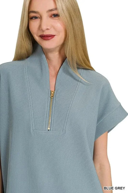 Zenana Ribbed High Neck Half Zip Top - Fashorio