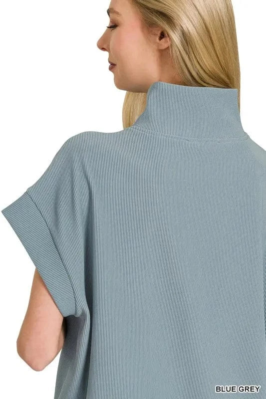 Zenana Ribbed High Neck Half Zip Top - Fashorio