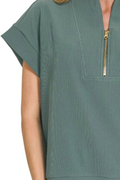Zenana Ribbed High Neck Half Zip Top - Fashorio