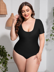 Fashorio Swimwear Black / 2XL Plus Size Scoop Neck Short Sleeve One-Piece Swimsuit