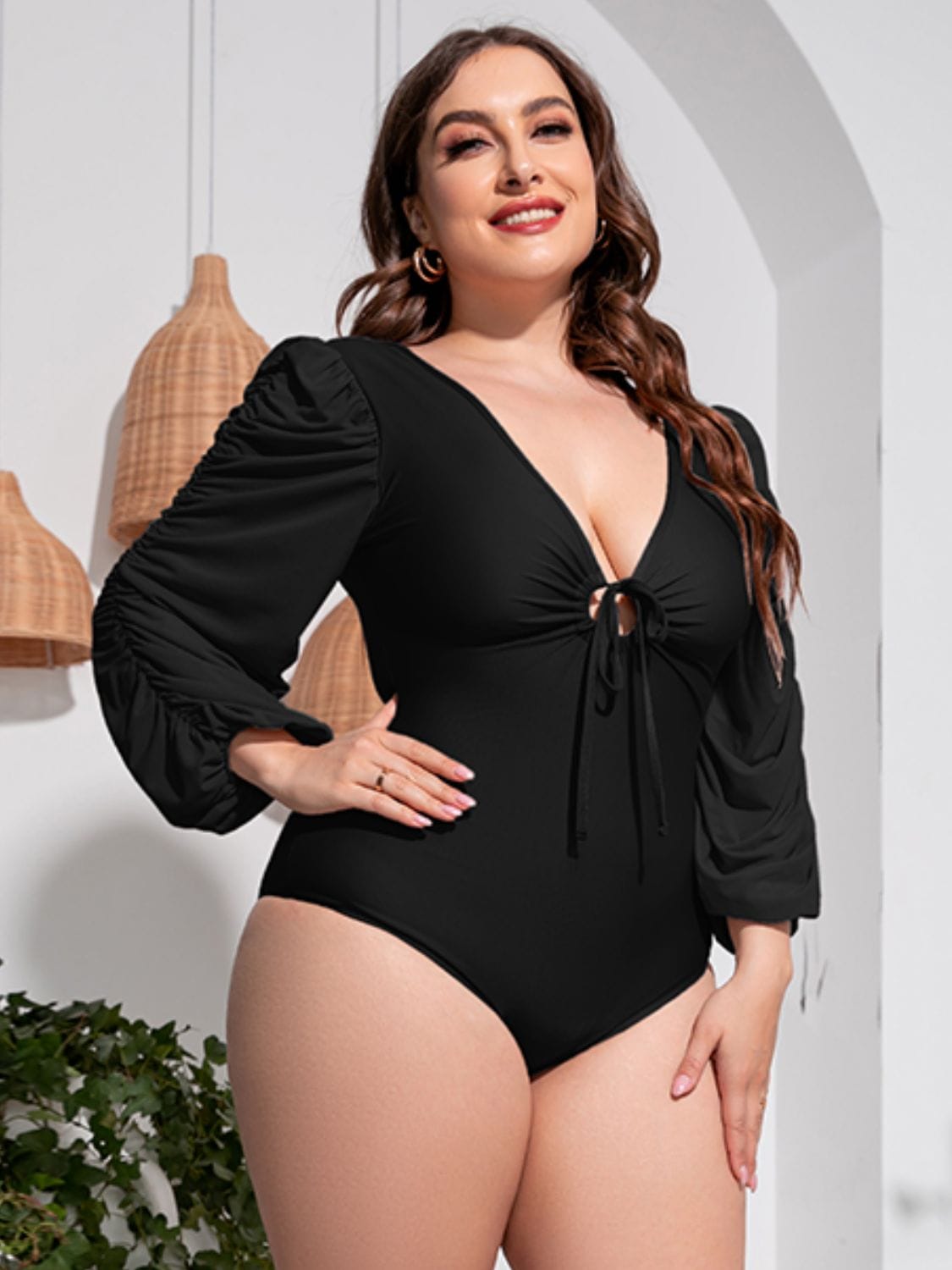 Fashorio Swimwear Black / 2XL Plus Size Tied Deep V Balloon Sleeve One-Piece Swimsuit