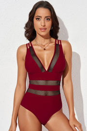 Fashorio Swimwear Deep Red / S Printed Mesh Plunge One-Piece Swimsuit