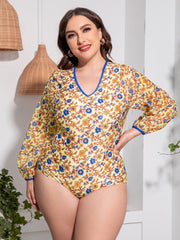 Fashorio Swimwear Gold / 2XL Plus Size Floral Open Back Long Sleeve One-Piece Swimsuit
