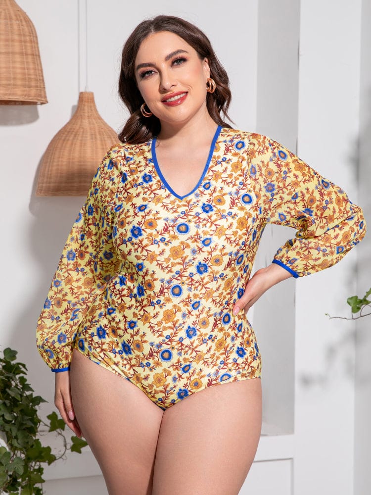 Fashorio Swimwear Gold / 2XL Plus Size Floral Open Back Long Sleeve One-Piece Swimsuit