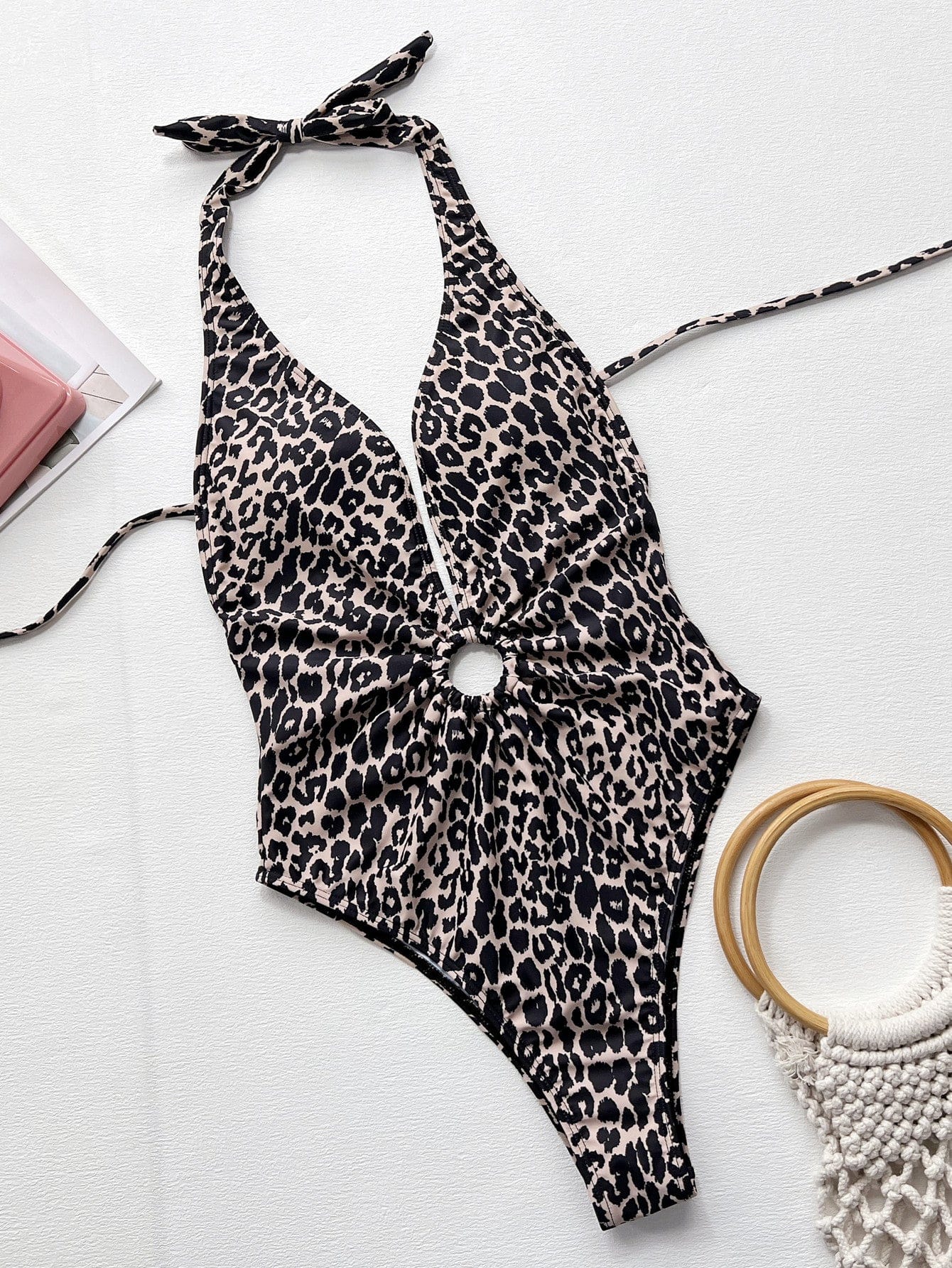 Fashorio Swimwear Leopard Halter Neck Ring Detail One-Piece Swimsuit