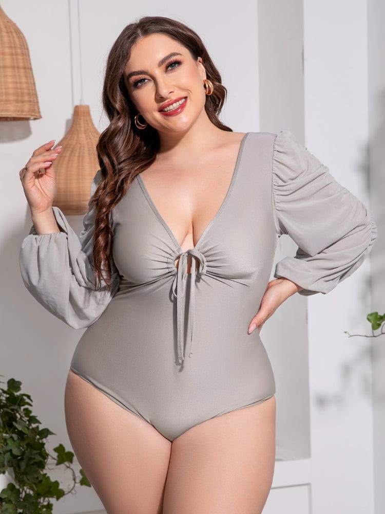 Fashorio Swimwear Light Gray / 2XL Plus Size Tied Deep V Balloon Sleeve One-Piece Swimsuit
