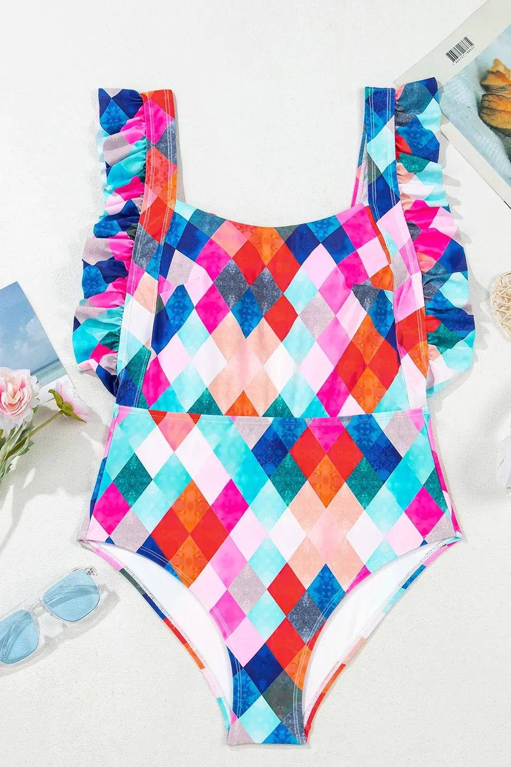 Fashorio Swimwear Multicolor Plaid Print Square Neck Frill Sleeveless Backless One-Piece Swimwear