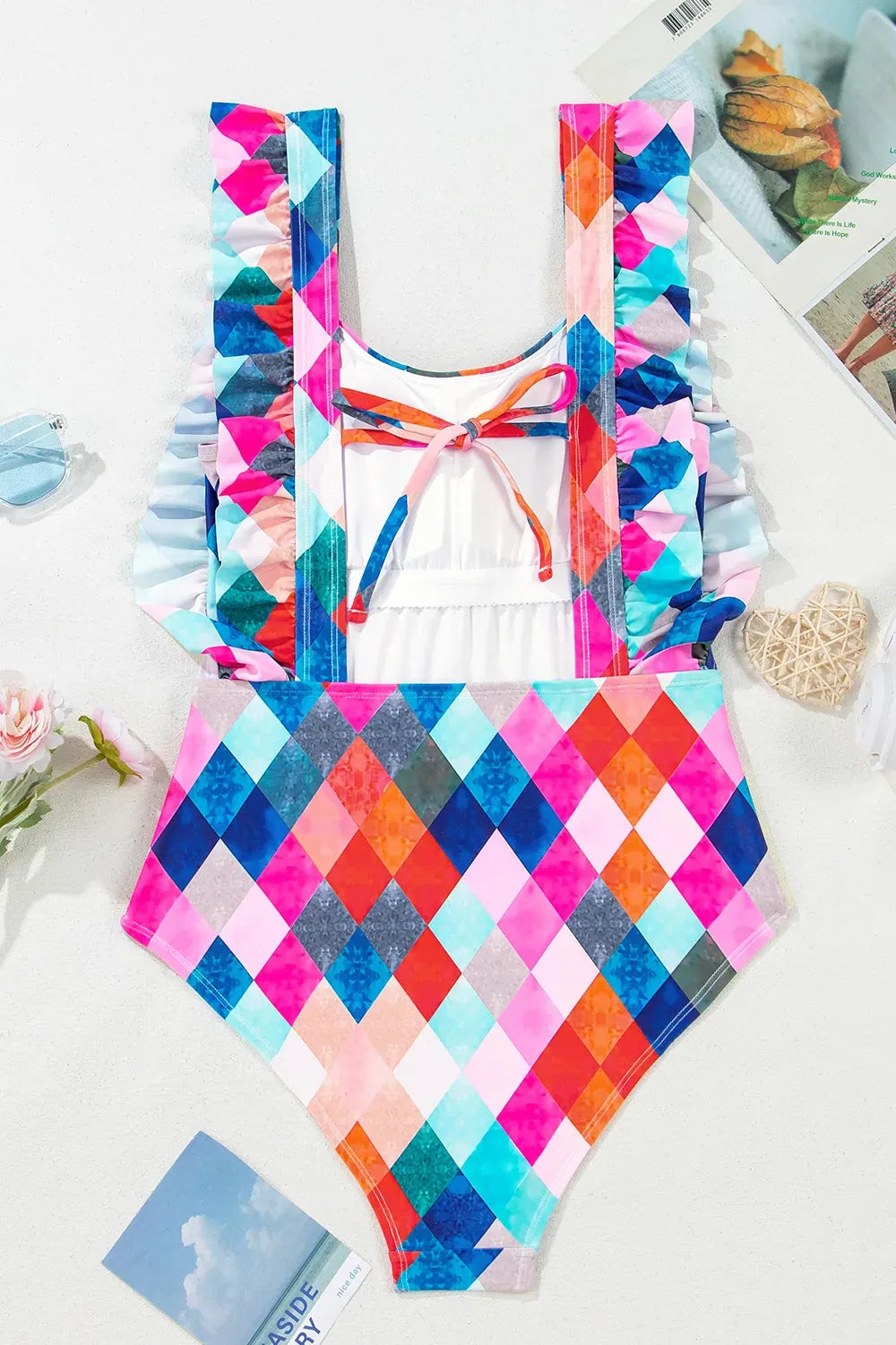 Fashorio Swimwear Multicolor Plaid Print Square Neck Frill Sleeveless Backless One-Piece Swimwear