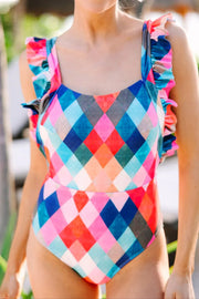 Fashorio Swimwear Multicolor / S Multicolor Plaid Print Square Neck Frill Sleeveless Backless One-Piece Swimwear