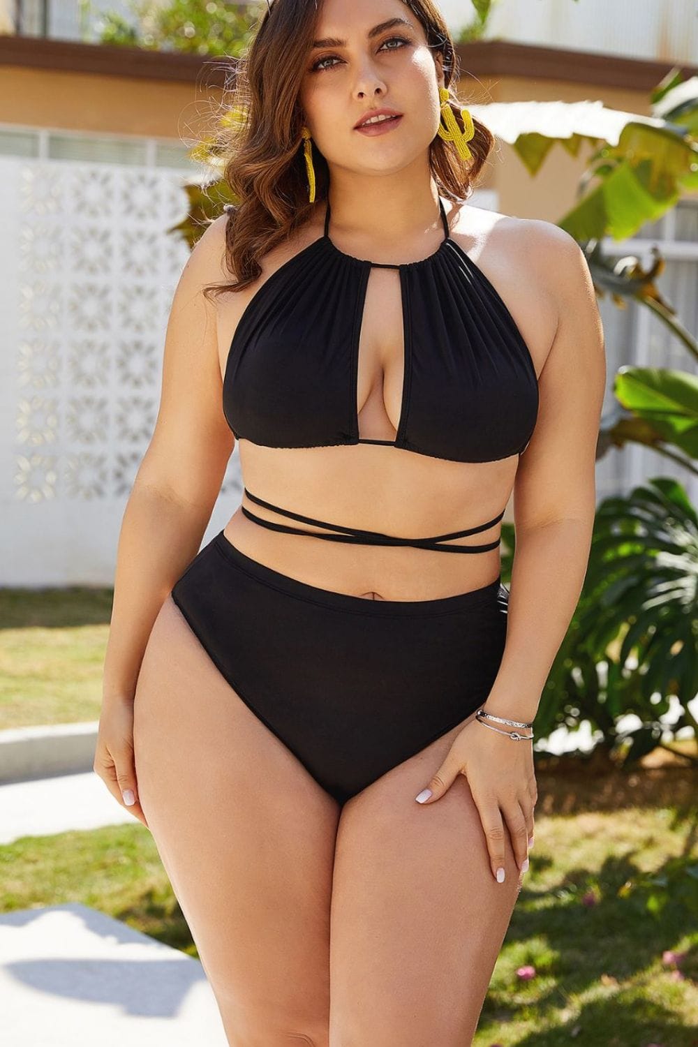 Fashorio Swimwear Plus Size Cutout Tied Backless Bikini Set