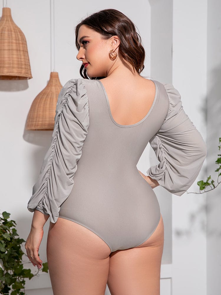 Fashorio Swimwear Plus Size Tied Deep V Balloon Sleeve One-Piece Swimsuit