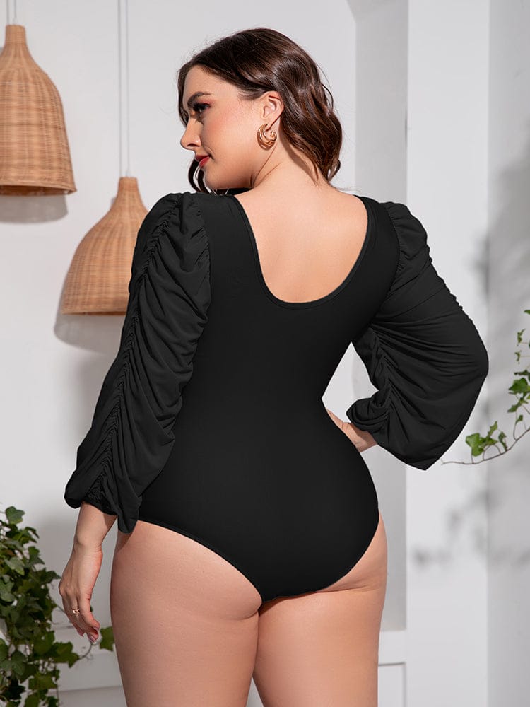 Fashorio Swimwear Plus Size Tied Deep V Balloon Sleeve One-Piece Swimsuit