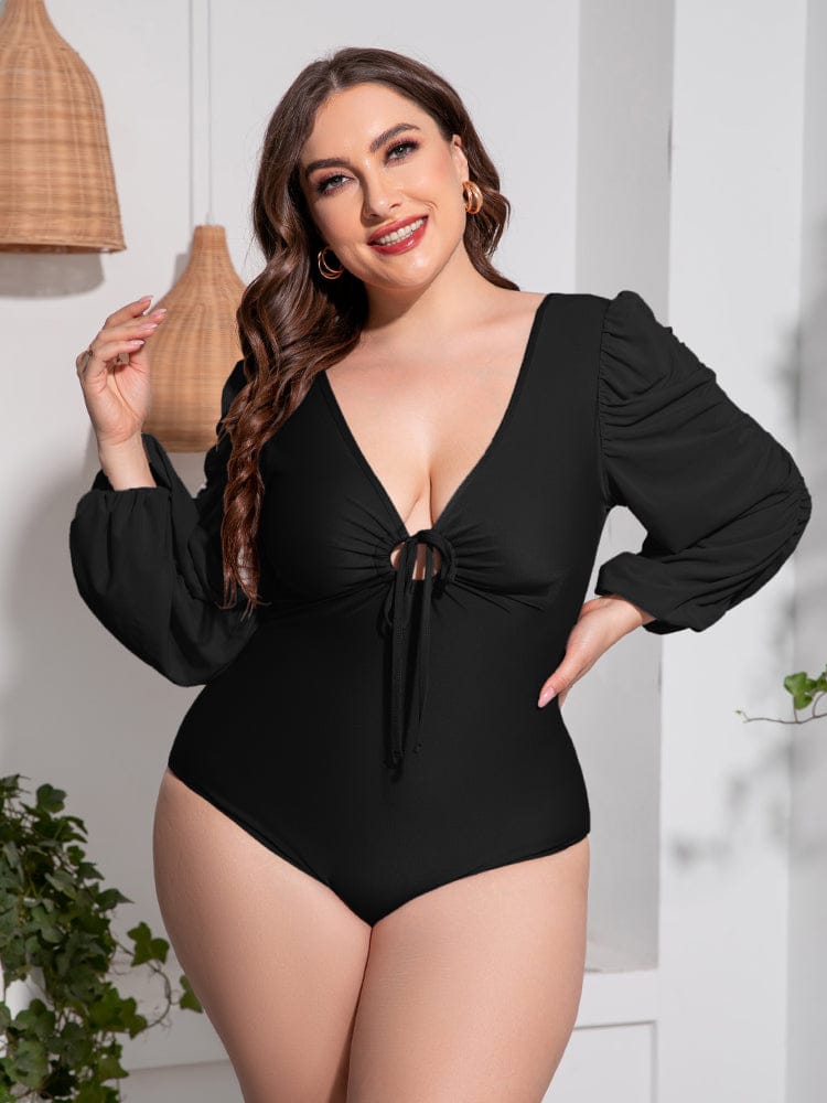 Fashorio Swimwear Plus Size Tied Deep V Balloon Sleeve One-Piece Swimsuit