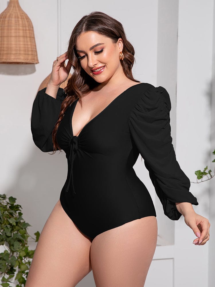 Fashorio Swimwear Plus Size Tied Deep V Balloon Sleeve One-Piece Swimsuit