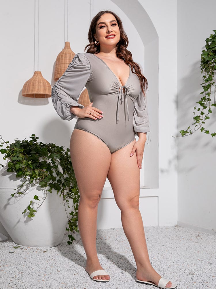 Fashorio Swimwear Plus Size Tied Deep V Balloon Sleeve One-Piece Swimsuit