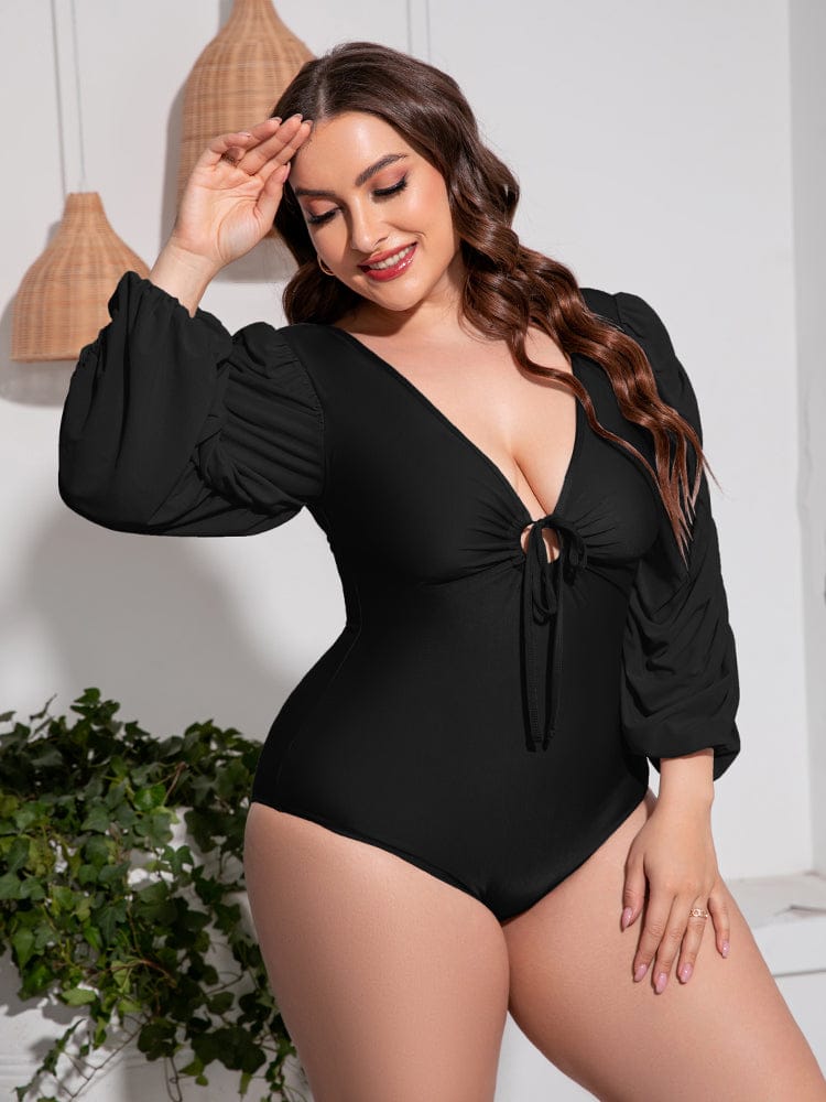 Fashorio Swimwear Plus Size Tied Deep V Balloon Sleeve One-Piece Swimsuit