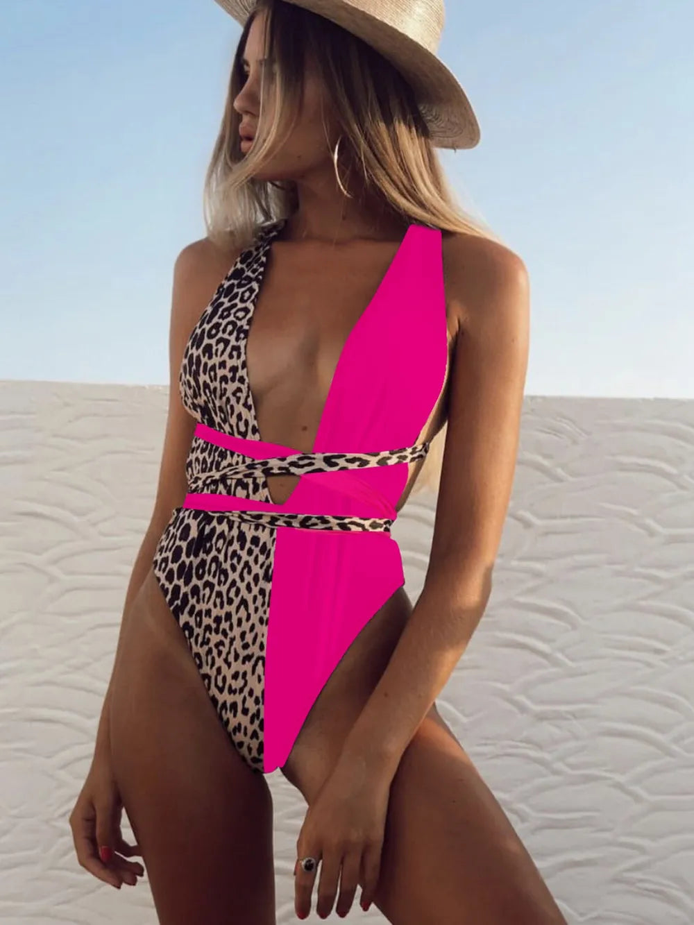 Fashorio Swimwear Tied Leopard Plunge One-Piece Swimwear