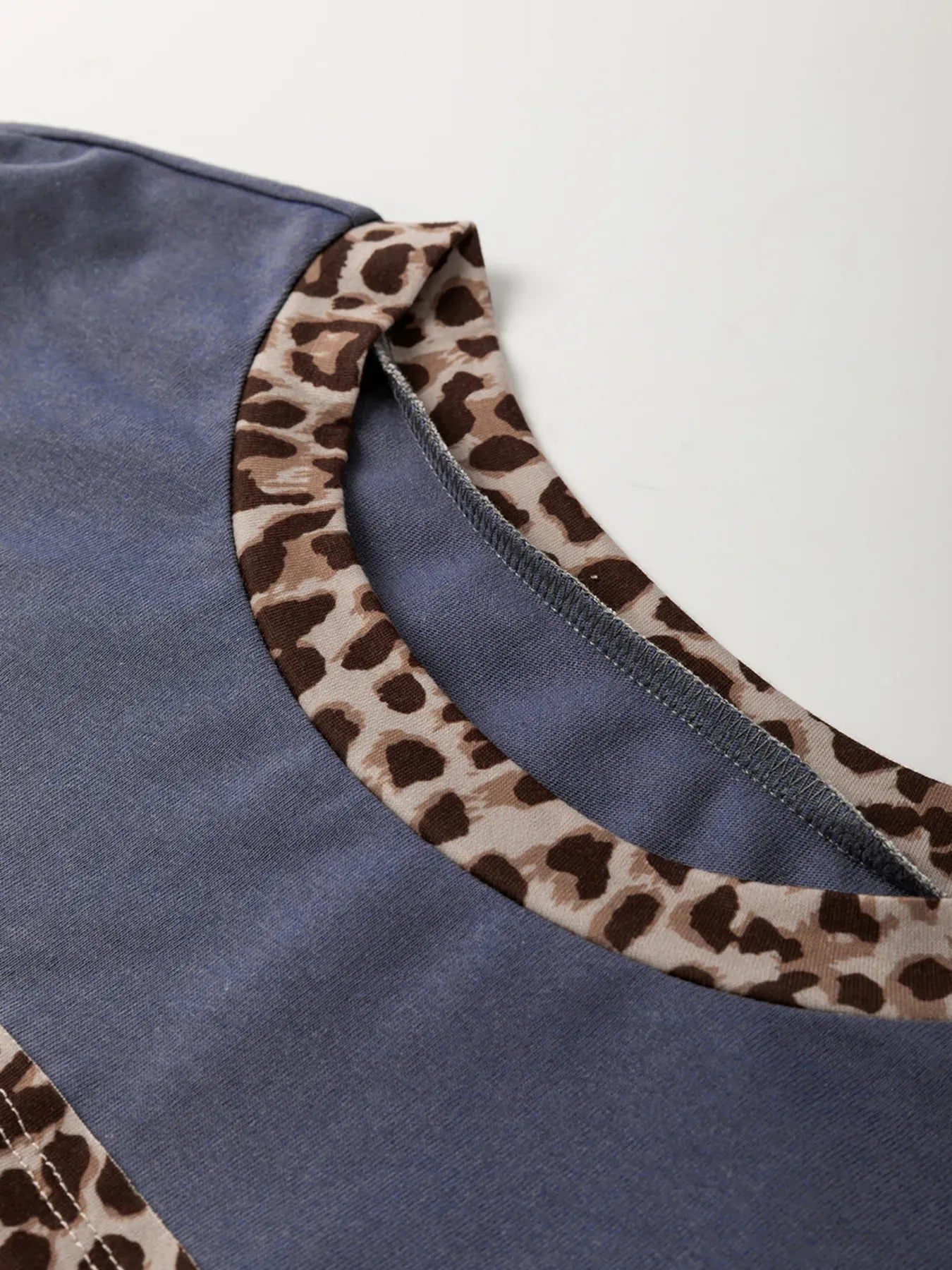 Fashorio T-shirts Leopard Color Block Long Sleeve Drop Shoulder Top